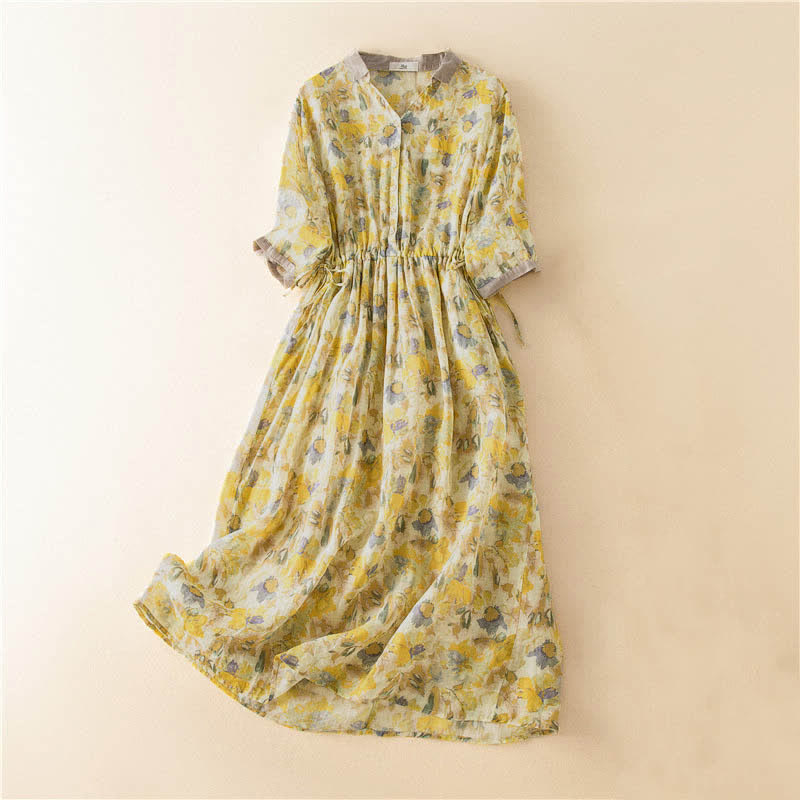 Buddha Stones Half Sleeve Color Contrast Floral Pattern Midi Dress With Pockets - Yellow - US12,UK/AU16,EU44 (3XL) - image 13