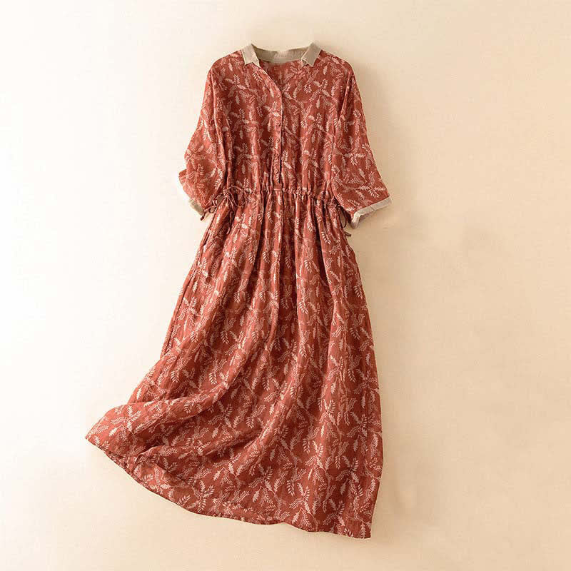 Buddha Stones Half Sleeve Color Contrast Floral Pattern Midi Dress With Pockets - FireBrick - US12,UK/AU16,EU44 (3XL) - image 19