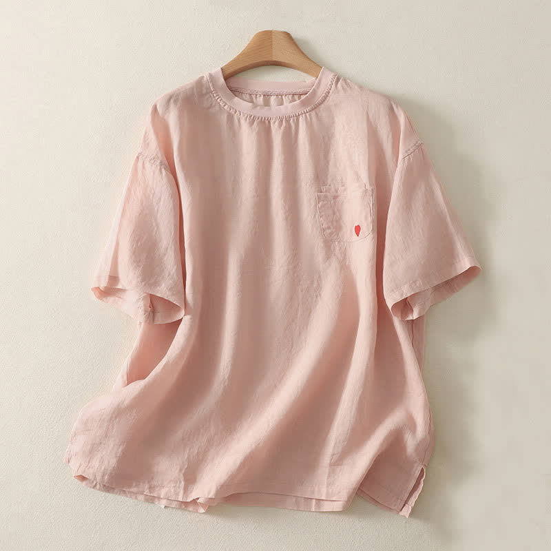 Buddha Stones Casual Embroidery Red Heart Short Sleeve Women's T-Shirt - Pink - US14,UK/AU18,EU46 (2XL) - image 0