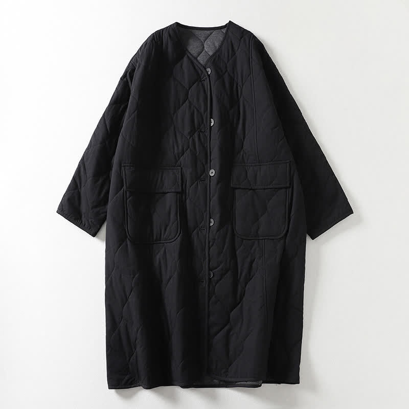 Buddha Stones Plain Buttons V-Neck Long Sleeve Women's Cotton Coat With Pockets - Black - US14,UK/AU18,EU46 (2XL) - image 5