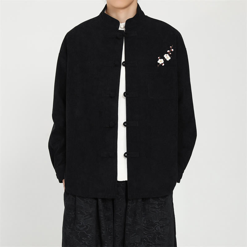 Buddha Stones Fall Winter Tang Style Vintage Frog Button Embroidery Floral Corduroy Men's Jacket With Patch Pocket - Black - US/UK/AU46,EU56 (5XL) - image 0