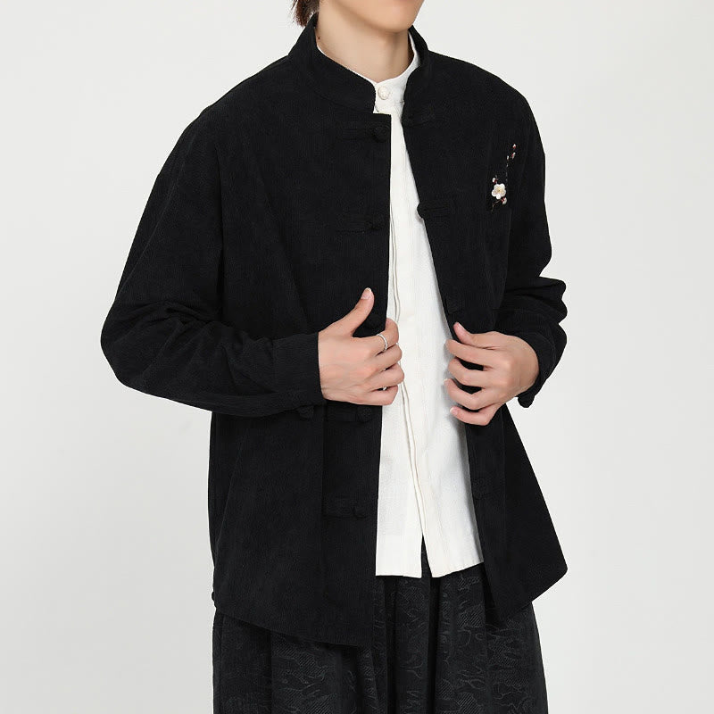 Buddha Stones Fall Winter Tang Style Vintage Frog Button Embroidery Floral Corduroy Men's Jacket With Patch Pocket - image 3