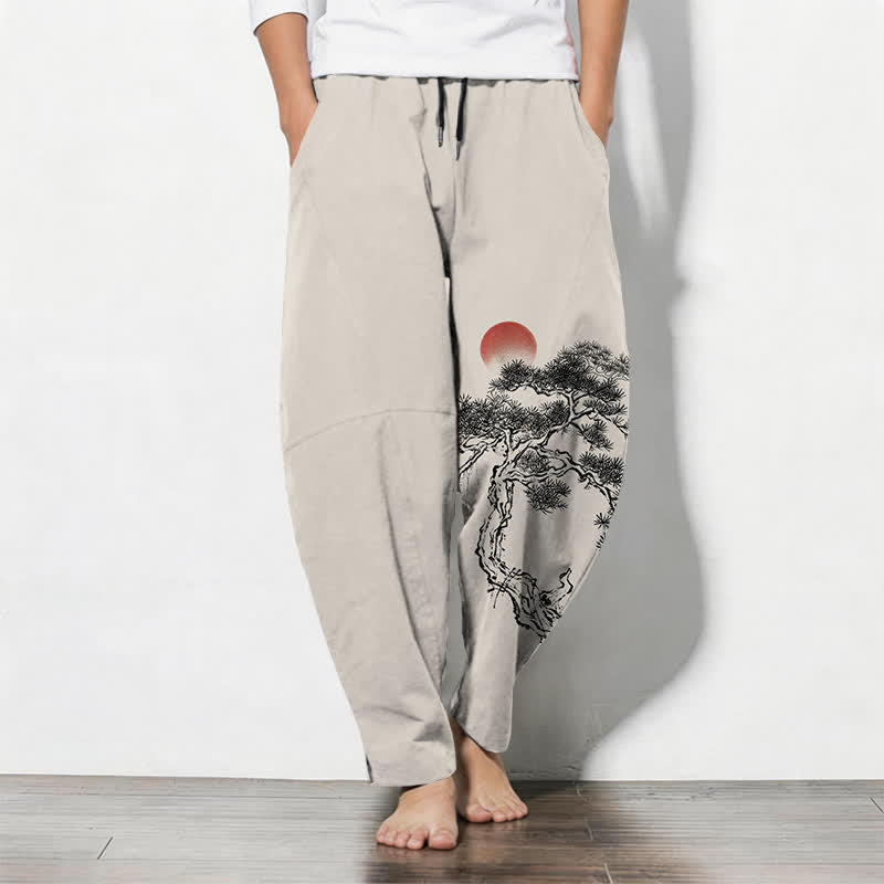 Buddha Stones Pure Cotton Ink Pine Tree Red Sun Pattern Drawstring Men's Tapered Pants With Pockets - Linen - US/UK/AU50,EU60 (5XL) - image 0