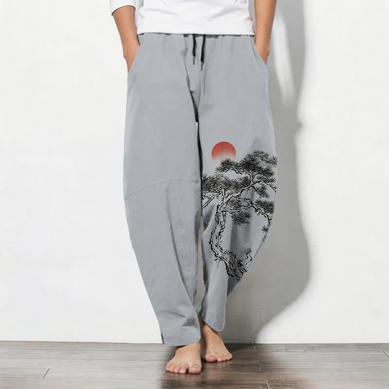 Buddha Stones Pure Cotton Ink Pine Tree Red Sun Pattern Drawstring Men's Tapered Pants With Pockets - LightSteelBlue - US/UK/AU50,EU60 (5XL) - image 7