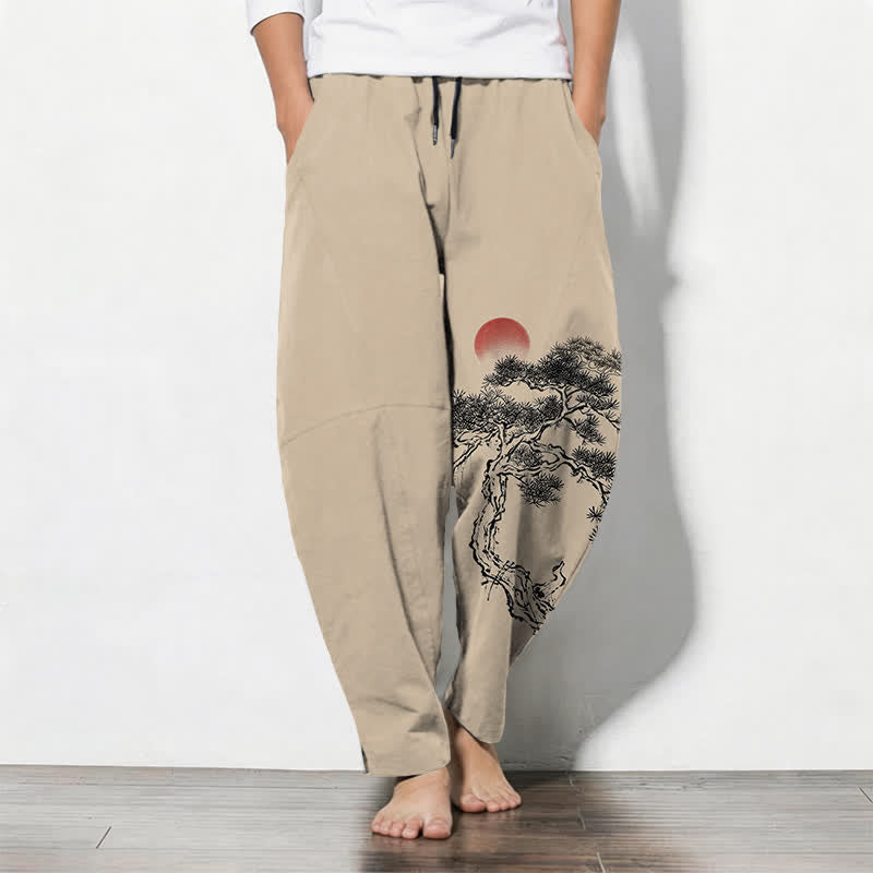 Buddha Stones Pure Cotton Ink Pine Tree Red Sun Pattern Drawstring Men's Tapered Pants With Pockets - Tan - US/UK/AU50,EU60 (5XL) - image 11