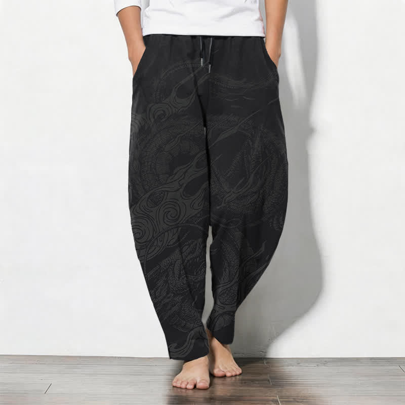 Buddha Stones Pure Cotton Mystic Dragon Wave Pattern Drawstring Men's Tapered Pants With Pockets - Black - US/UK/AU50,EU60 (5XL) - image 0