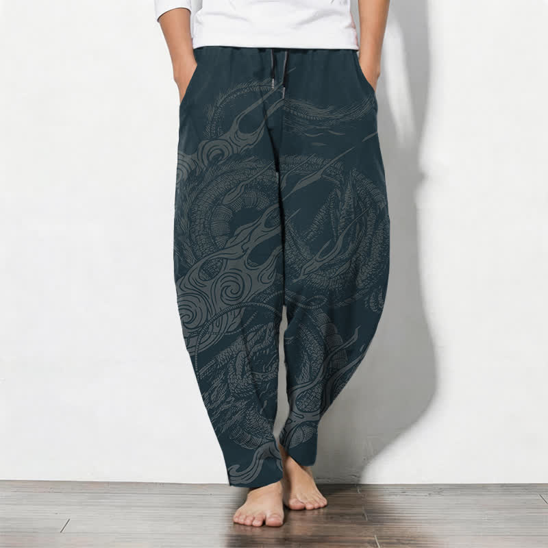 Buddha Stones Pure Cotton Mystic Dragon Wave Pattern Drawstring Men's Tapered Pants With Pockets - DarkSlateGray - US/UK/AU50,EU60 (5XL) - image 7