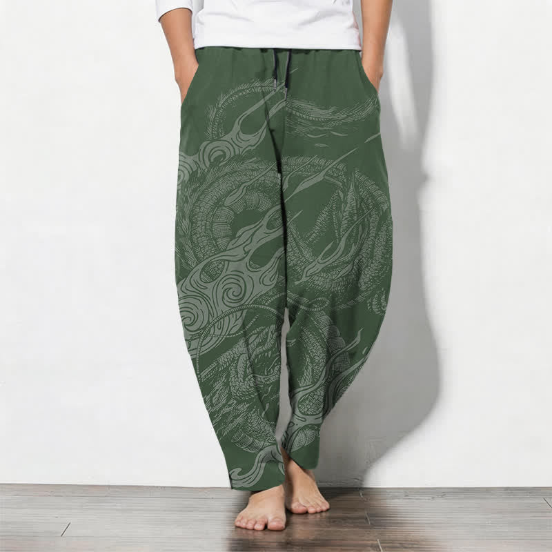 Buddha Stones Pure Cotton Mystic Dragon Wave Pattern Drawstring Men's Tapered Pants With Pockets - SeaGreen - US/UK/AU50,EU60 (5XL) - image 11