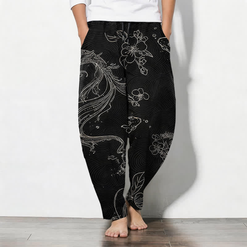 Buddha Stones Pure Cotton Koi Floral Wave Pattern Drawstring Men's Tapered Pants With Pockets - Black - US/UK/AU50,EU60 (5XL) - image 0