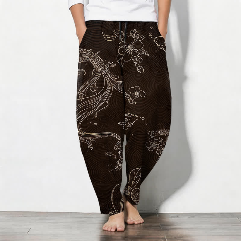 Buddha Stones Pure Cotton Koi Floral Wave Pattern Drawstring Men's Tapered Pants With Pockets - SaddleBrown - US/UK/AU50,EU60 (5XL) - image 7