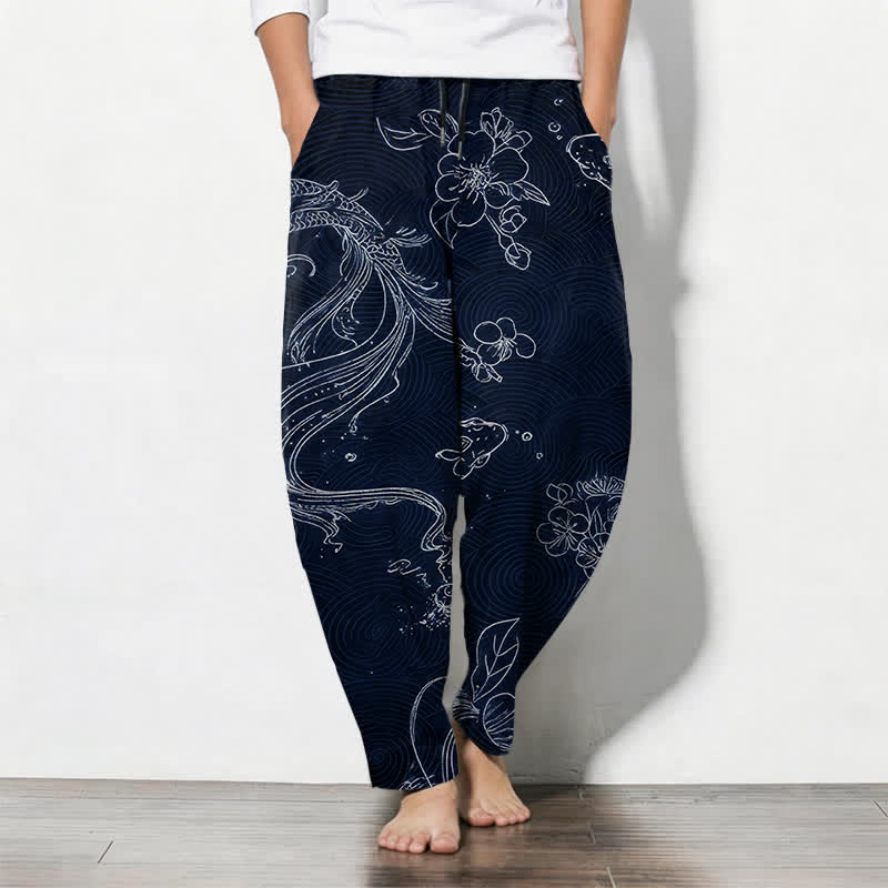 Buddha Stones Pure Cotton Koi Floral Wave Pattern Drawstring Men's Tapered Pants With Pockets - Navy - US/UK/AU50,EU60 (5XL) - image 11