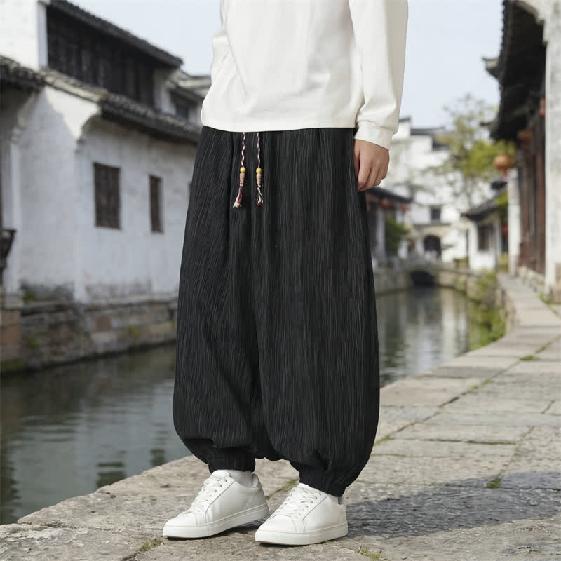 Buddha Stones Spring Fall Casual Vintage Drawstring Solid Ankle Pants Men's Harem Pants With Pockets - Black - Regular - US/UK/AU48,EU58 (6XL) - image 7