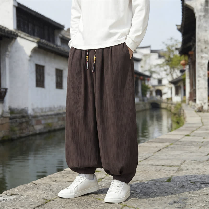 Buddha Stones Spring Fall Casual Vintage Drawstring Solid Ankle Pants Men's Harem Pants With Pockets - Sienna - Regular - US/UK/AU48,EU58 (6XL) - image 0