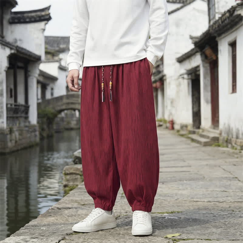 Buddha Stones Spring Fall Casual Vintage Drawstring Solid Ankle Pants Men's Harem Pants With Pockets - FireBrick - Regular - US/UK/AU48,EU58 (6XL) - image 14