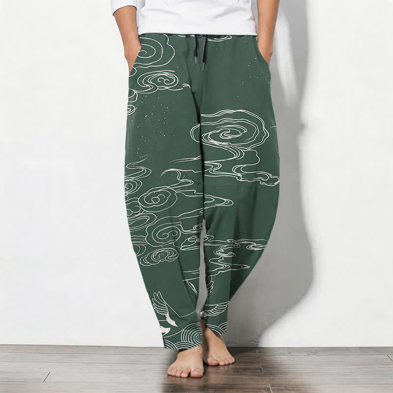 Buddha Stones Pure Cotton Auspicious Cloud Crane Pattern Drawstring Men's Tapered Pants With Pockets - MediumSeaGreen - US/UK/AU50,EU60 (5XL) - image 0