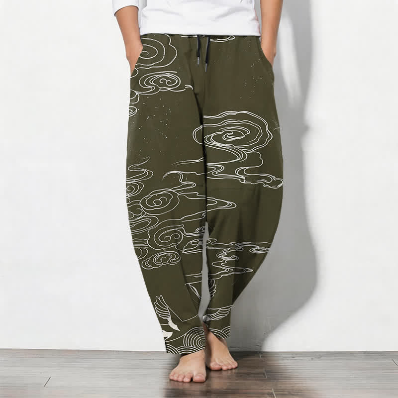 Buddha Stones Pure Cotton Auspicious Cloud Crane Pattern Drawstring Men's Tapered Pants With Pockets - DarkOliveGreen - US/UK/AU50,EU60 (5XL) - image 7