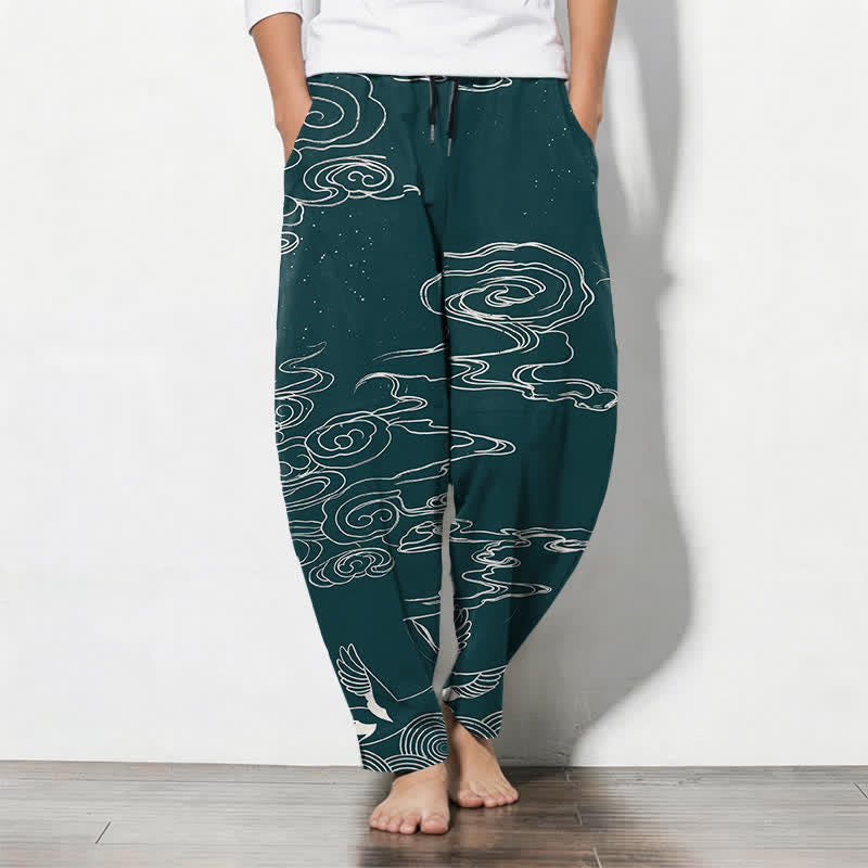 Buddha Stones Pure Cotton Auspicious Cloud Crane Pattern Drawstring Men's Tapered Pants With Pockets - Teal - US/UK/AU50,EU60 (5XL) - image 11