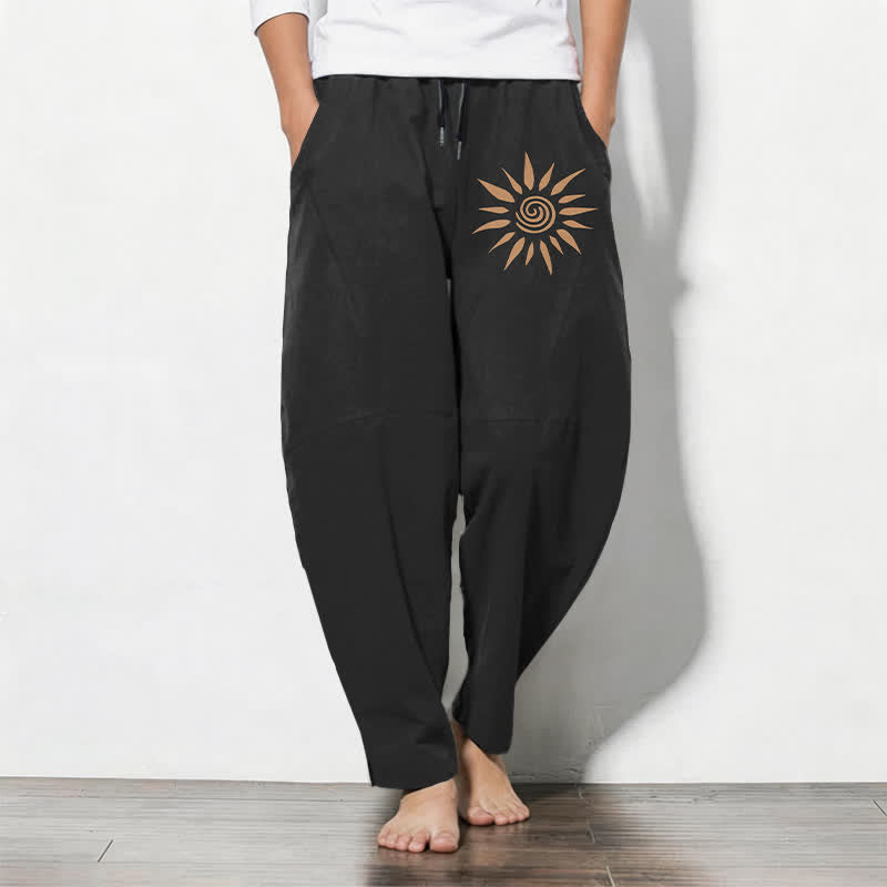 Buddha Stones Pure Cotton Sun Spiral Pattern Drawstring Men's Tapered Pants With Pockets - Black - US/UK/AU50,EU60 (5XL) - image 0