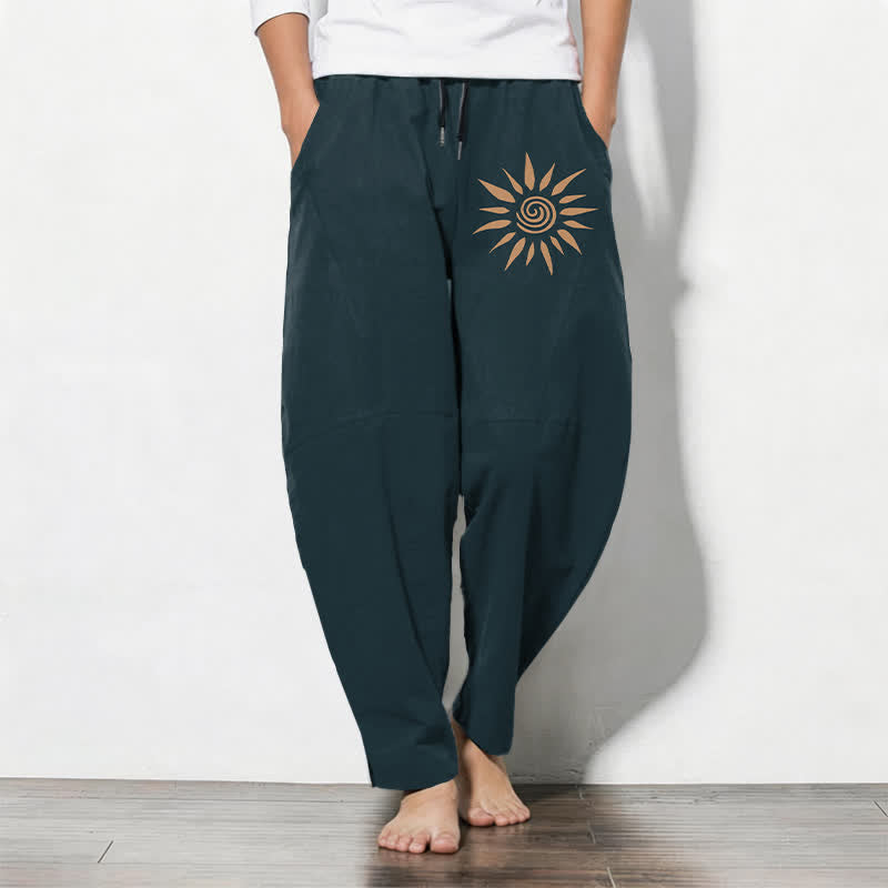 Buddha Stones Pure Cotton Sun Spiral Pattern Drawstring Men's Tapered Pants With Pockets - Teal - US/UK/AU50,EU60 (5XL) - image 7