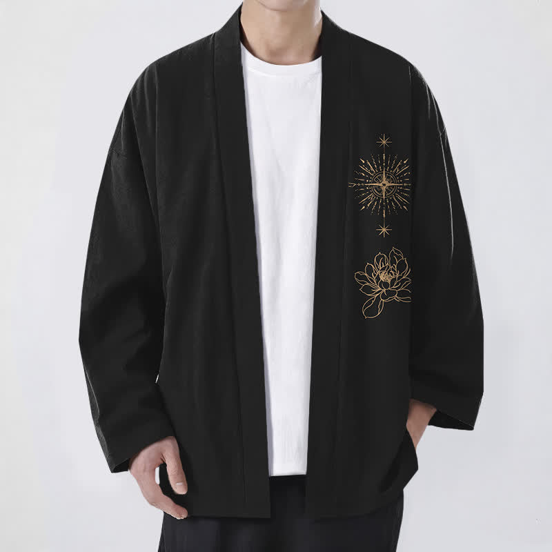 Buddha Stones Cotton Radiant Lotus Starburst Pattern Open Front Men's Kimono - Black - US/UK/AU48,EU58 (4XL) - image 0