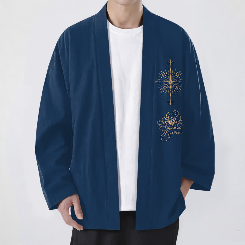 Buddha Stones Cotton Radiant Lotus Starburst Pattern Open Front Men's Kimono - Navy - US/UK/AU48,EU58 (4XL) - image 6