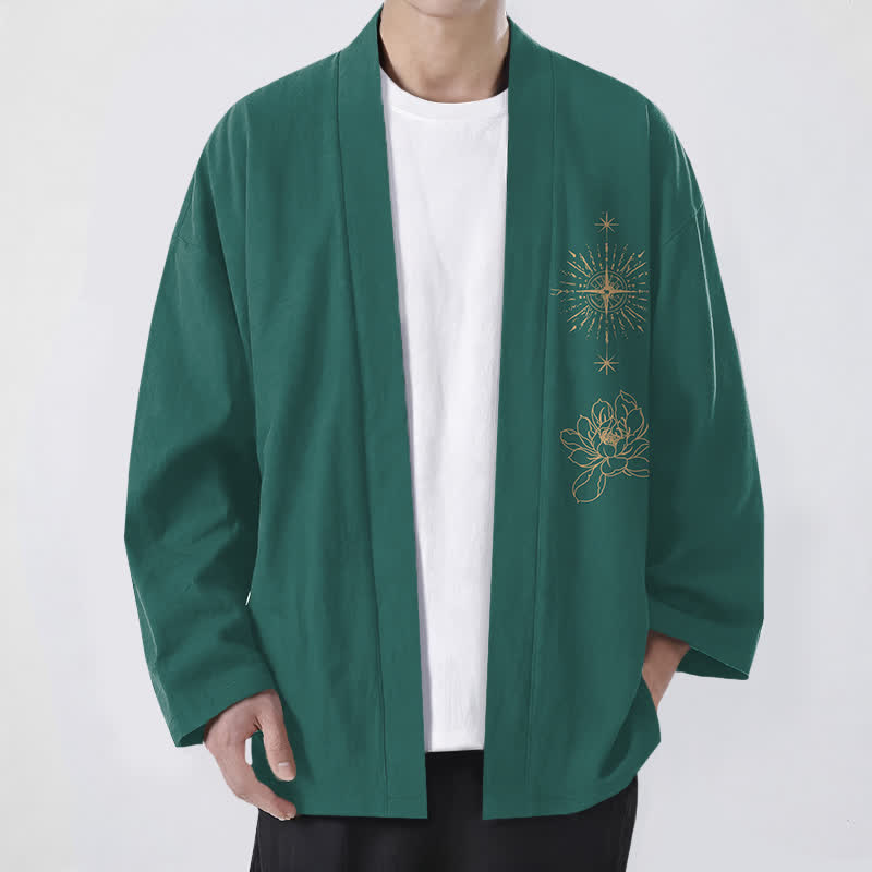 Buddha Stones Cotton Radiant Lotus Starburst Pattern Open Front Men's Kimono - Teal - US/UK/AU48,EU58 (4XL) - image 9