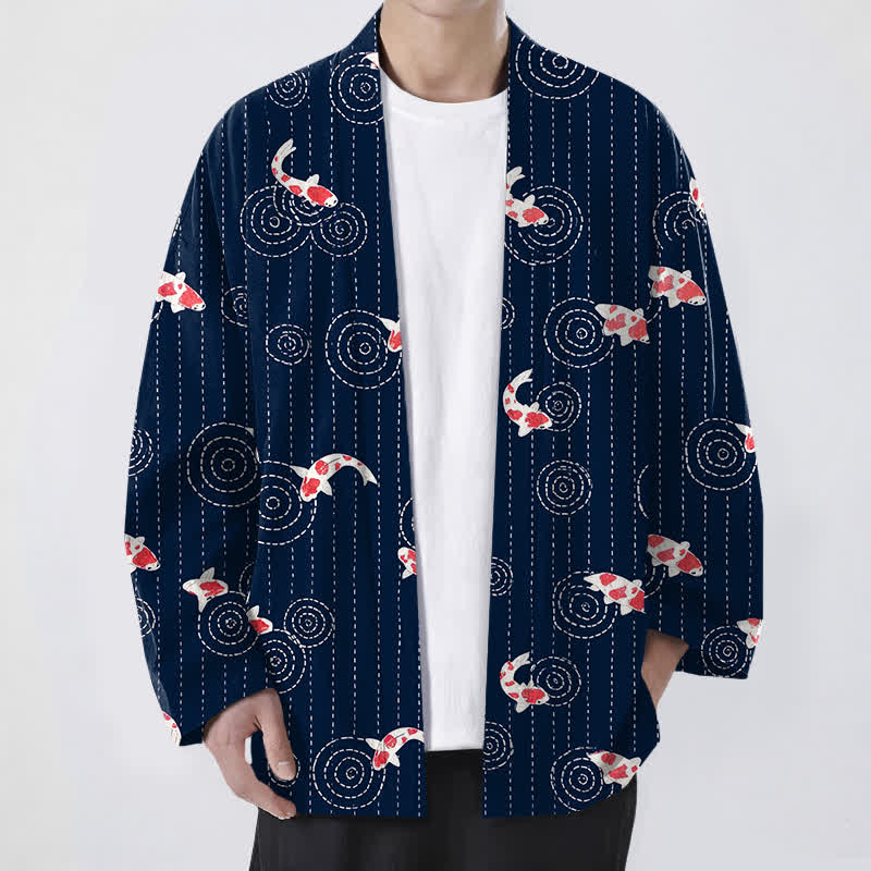 Buddha Stones Cotton Koi Ripple Pattern Open Front Men's Kimono - Navy - US/UK/AU48,EU58 (4XL) - image 0