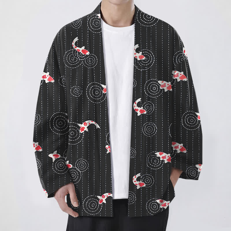 Buddha Stones Cotton Koi Ripple Pattern Open Front Men's Kimono - Black - US/UK/AU48,EU58 (4XL) - image 6