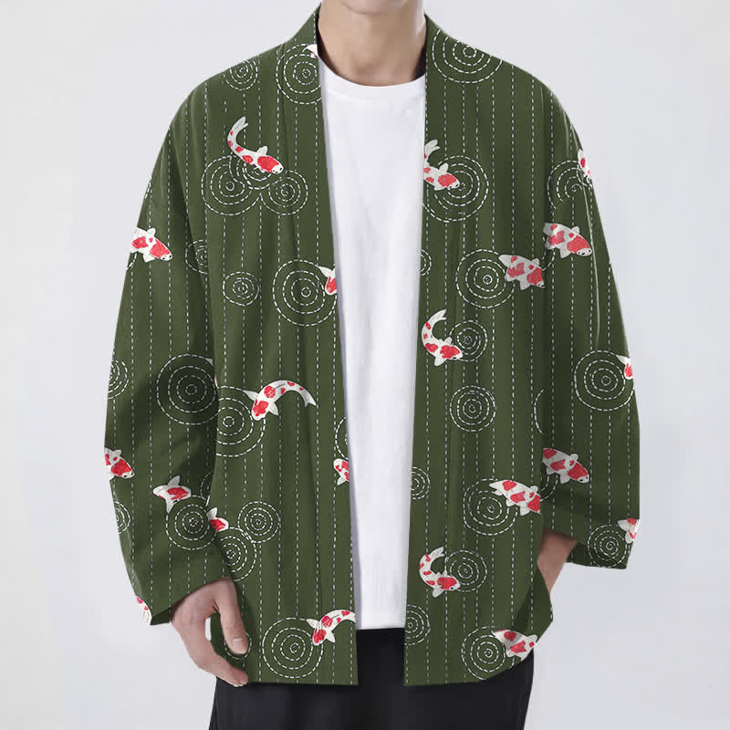Buddha Stones Cotton Koi Ripple Pattern Open Front Men's Kimono - DarkOliveGreen - US/UK/AU48,EU58 (4XL) - image 9