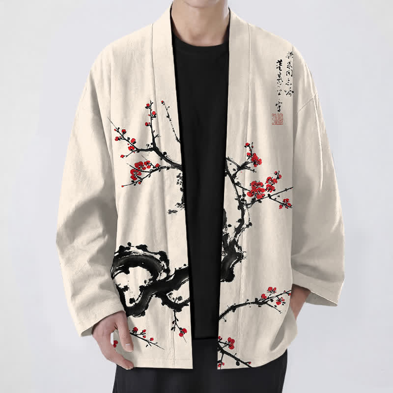Buddha Stones Cotton Ink Plum Blossom Pattern Open Front Men's Kimono - Beige - US/UK/AU48,EU58 (4XL) - image 0
