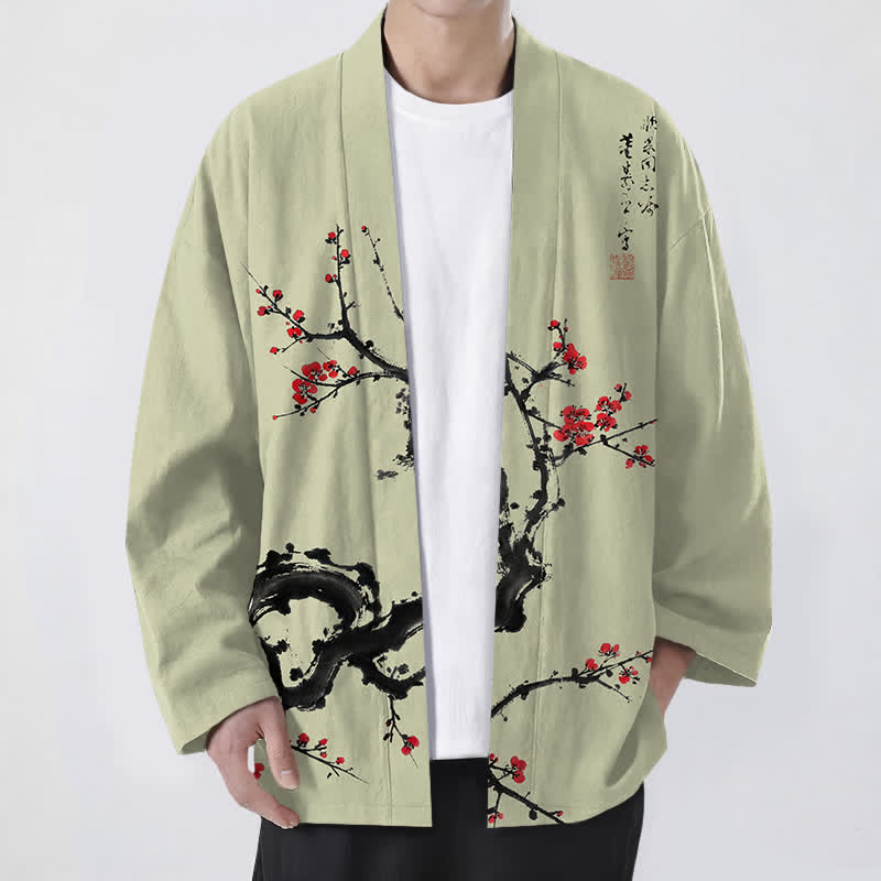 Buddha Stones Cotton Ink Plum Blossom Pattern Open Front Men's Kimono - GreenYellow - US/UK/AU48,EU58 (4XL) - image 6