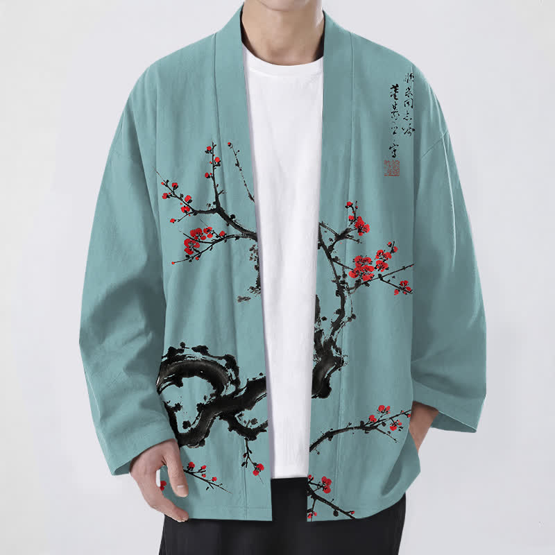 Buddha Stones Cotton Ink Plum Blossom Pattern Open Front Men's Kimono - Turquoise - US/UK/AU48,EU58 (4XL) - image 9