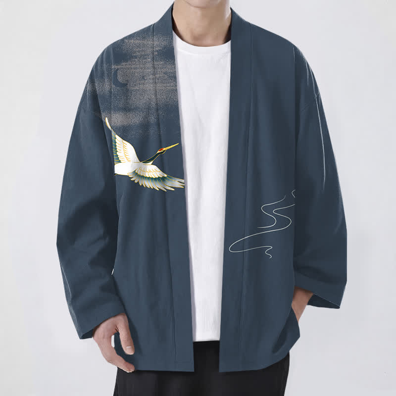 Buddha Stones Cotton Crane Moon Waves Pattern Open Front Men's Kimono - SteelBlue - US/UK/AU48,EU58 (4XL) - image 0