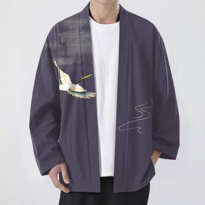 Buddha Stones Cotton Crane Moon Waves Pattern Open Front Men's Kimono - MediumPurple - US/UK/AU48,EU58 (4XL) - image 6