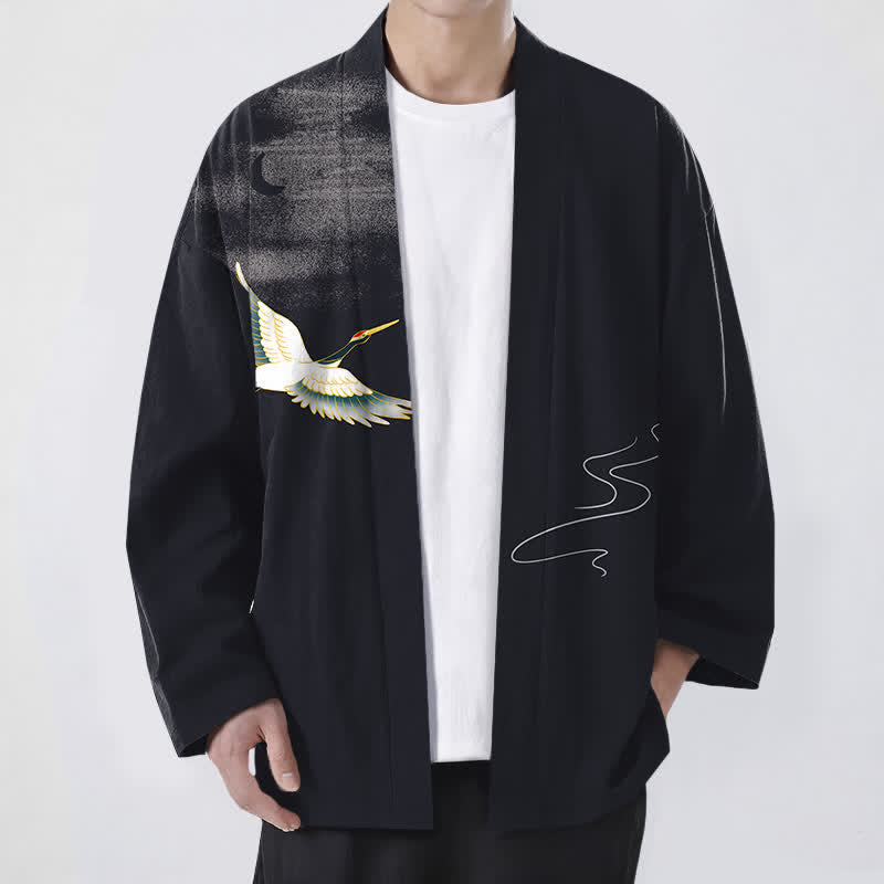 Buddha Stones Cotton Crane Moon Waves Pattern Open Front Men's Kimono - Black - US/UK/AU48,EU58 (4XL) - image 9
