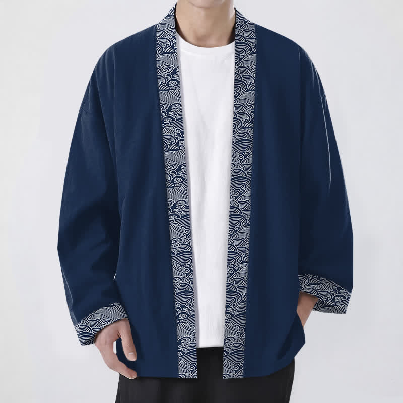 Buddha Stones Cotton Ocean Wave Trim Pattern Open Front Men's Kimono - Navy - US/UK/AU48,EU58 (4XL) - image 0