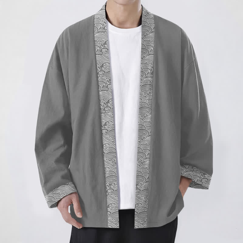 Buddha Stones Cotton Ocean Wave Trim Pattern Open Front Men's Kimono - Gray - US/UK/AU48,EU58 (4XL) - image 6