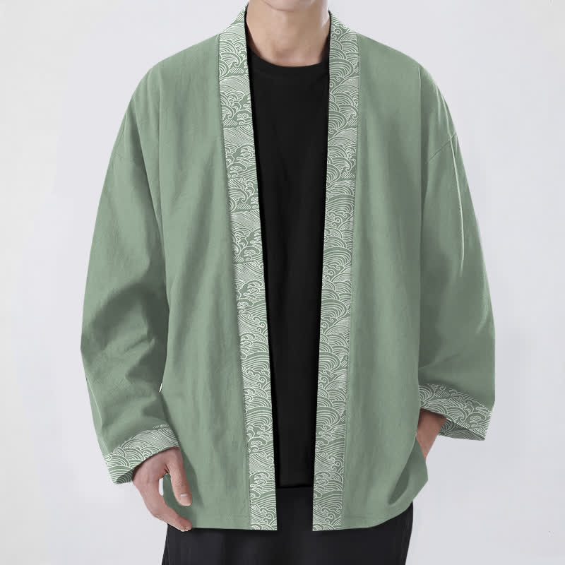 Buddha Stones Cotton Ocean Wave Trim Pattern Open Front Men's Kimono - DarkSeaGreen - US/UK/AU48,EU58 (4XL) - image 9