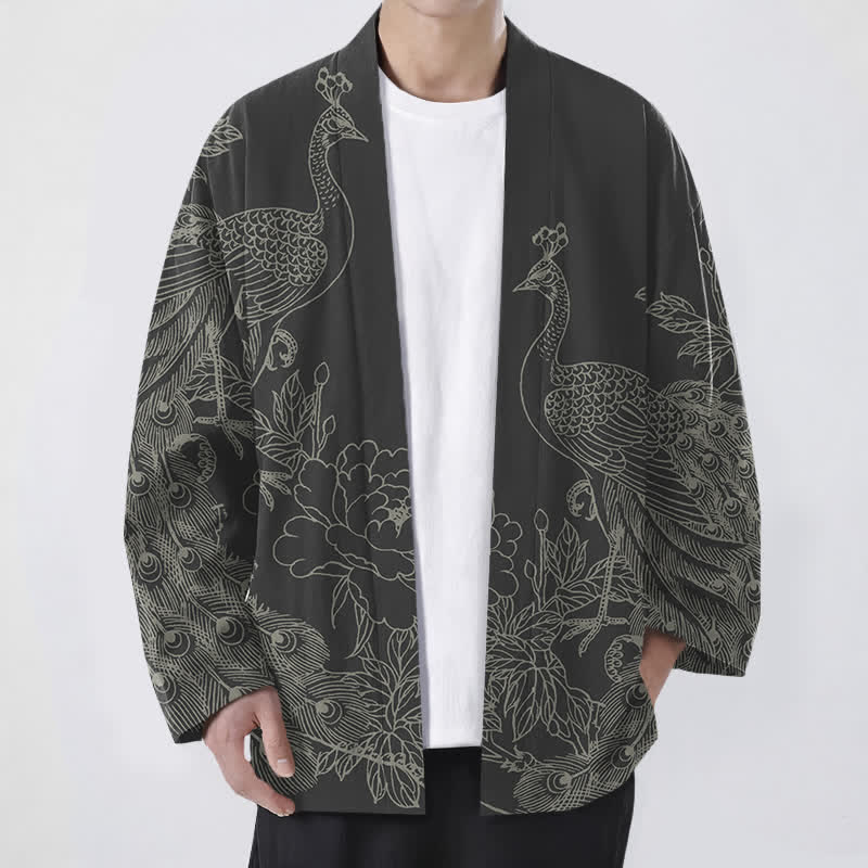 Buddha Stones Cotton Peacock Peony Line Art Pattern Open Front Men's Kimono - Black - US/UK/AU48,EU58 (4XL) - image 0