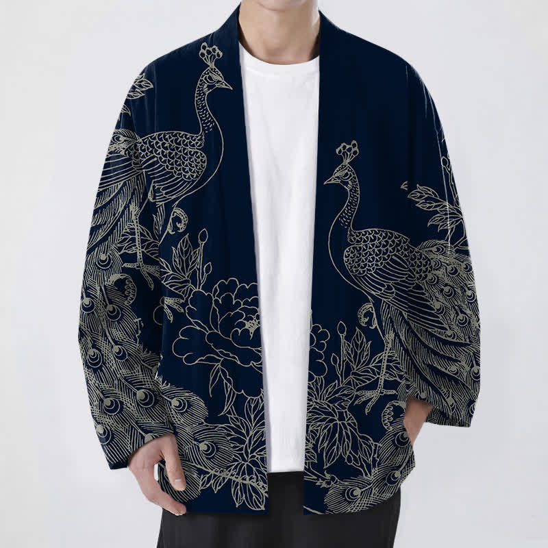 Buddha Stones Cotton Peacock Peony Line Art Pattern Open Front Men's Kimono - Navy - US/UK/AU48,EU58 (4XL) - image 6