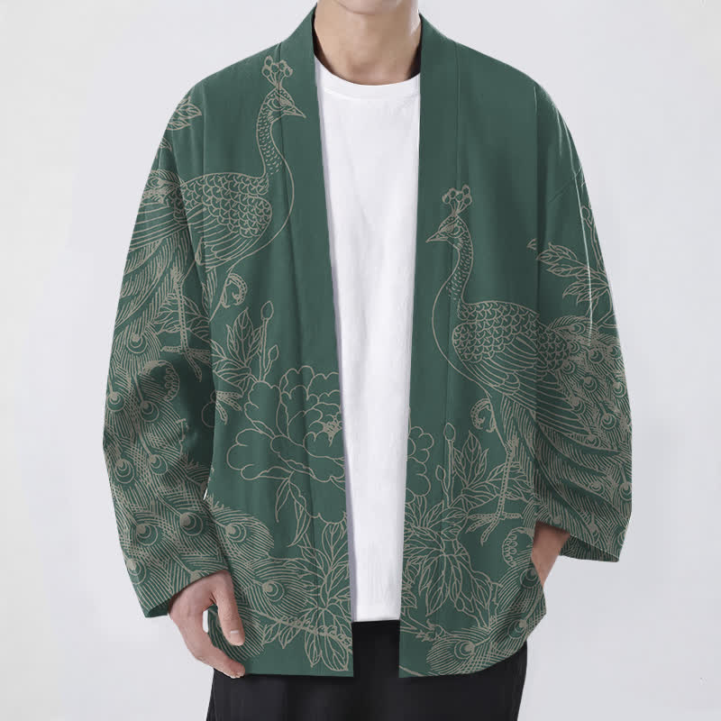 Buddha Stones Cotton Peacock Peony Line Art Pattern Open Front Men's Kimono - MediumSeaGreen - US/UK/AU48,EU58 (4XL) - image 9