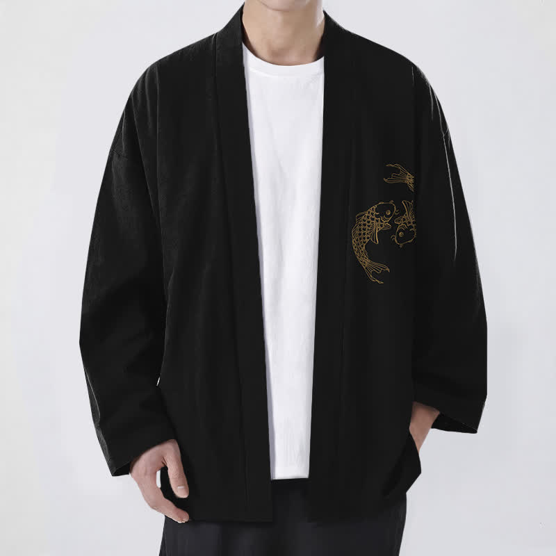 Buddha Stones Cotton Twin Koi Pattern Open Front Men's Kimono - Black - US/UK/AU48,EU58 (4XL) - image 0