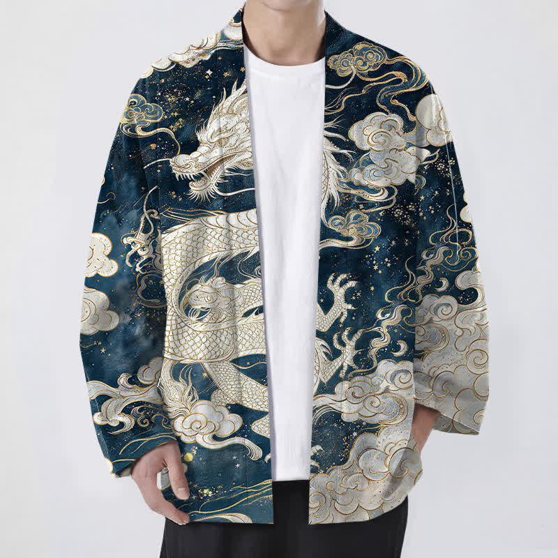 Buddha Stones Cotton Celestial Dragon Swirl Cloud Pattern Open Front Men's Kimono - Navy - US/UK/AU48,EU58 (4XL) - image 0