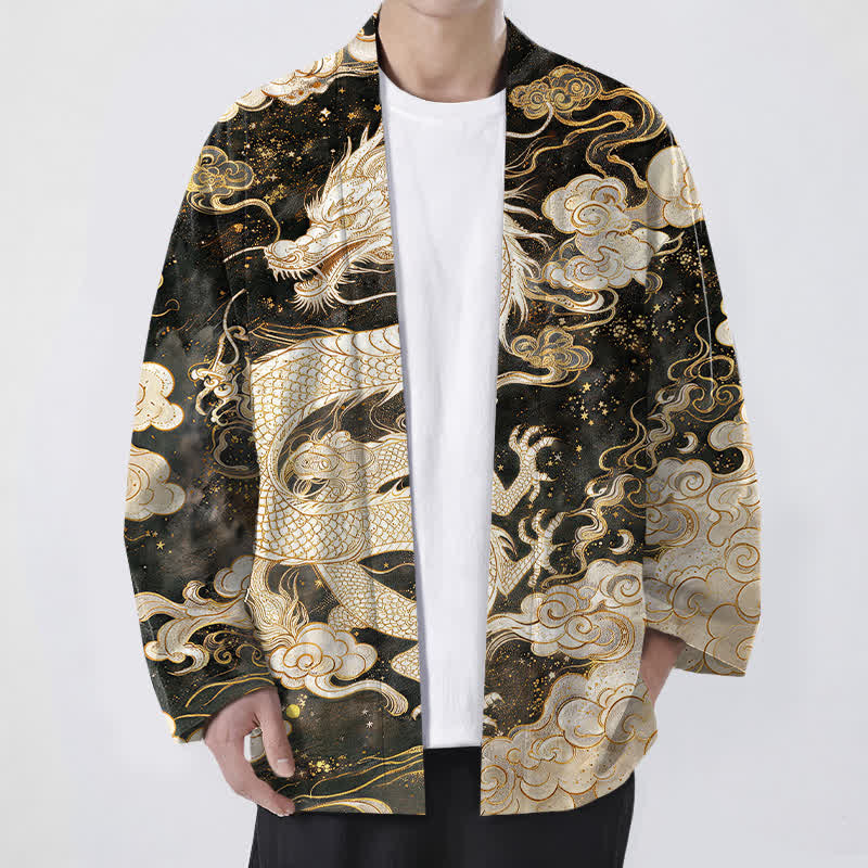 Buddha Stones Cotton Celestial Dragon Swirl Cloud Pattern Open Front Men's Kimono - Khaki - US/UK/AU48,EU58 (4XL) - image 6