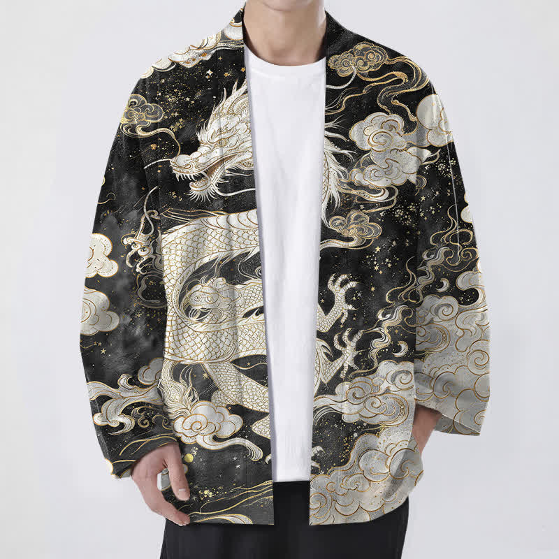 Buddha Stones Cotton Celestial Dragon Swirl Cloud Pattern Open Front Men's Kimono - FloralWhite - US/UK/AU48,EU58 (4XL) - image 9