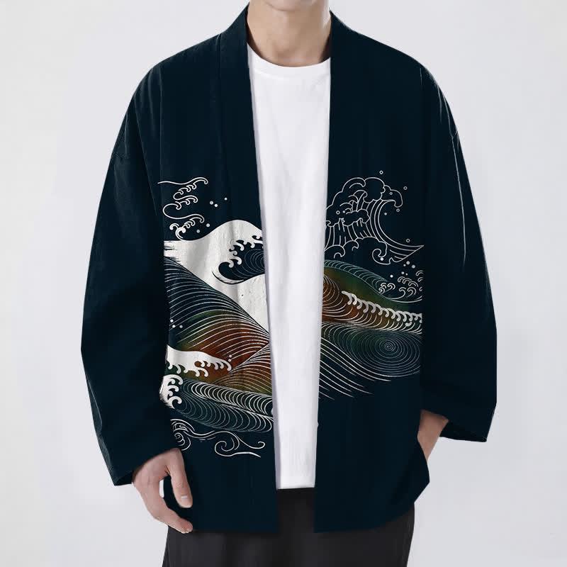 Buddha Stones Cotton Flowing Ocean Wave Pattern Open Front Men's Kimono - Black - US/UK/AU48,EU58 (4XL) - image 0