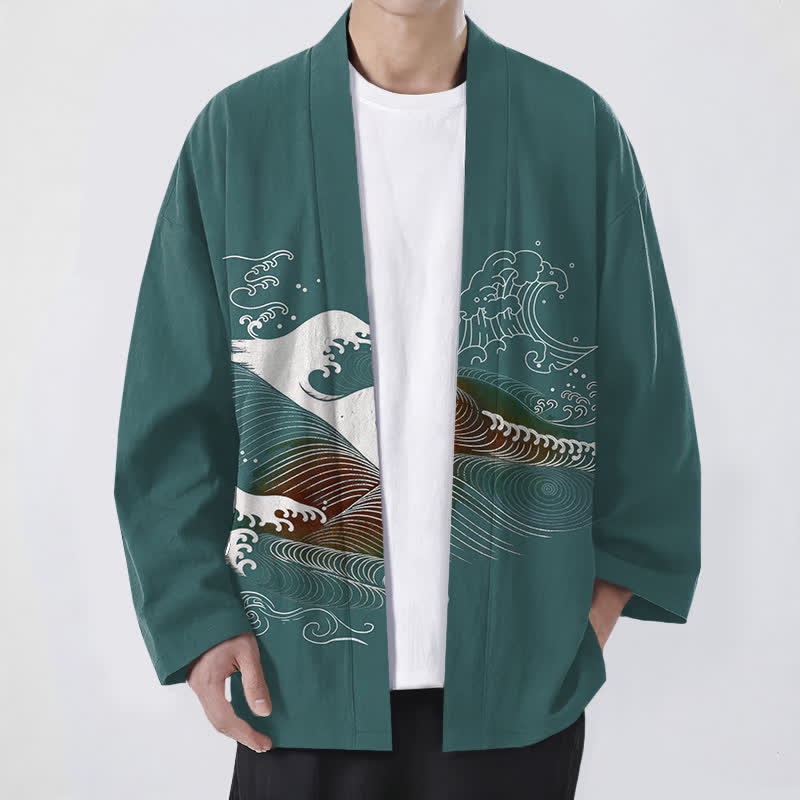 Buddha Stones Cotton Flowing Ocean Wave Pattern Open Front Men's Kimono - Teal - US/UK/AU48,EU58 (4XL) - image 6