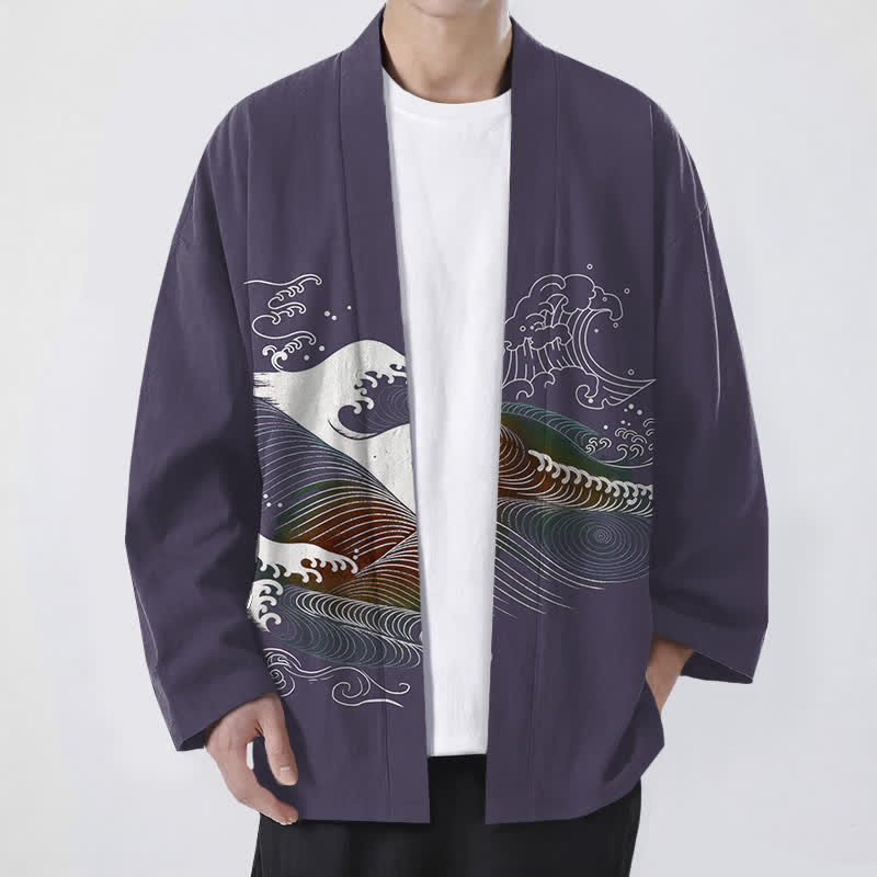 Buddha Stones Cotton Flowing Ocean Wave Pattern Open Front Men's Kimono - DarkSlateBlue - US/UK/AU48,EU58 (4XL) - image 9