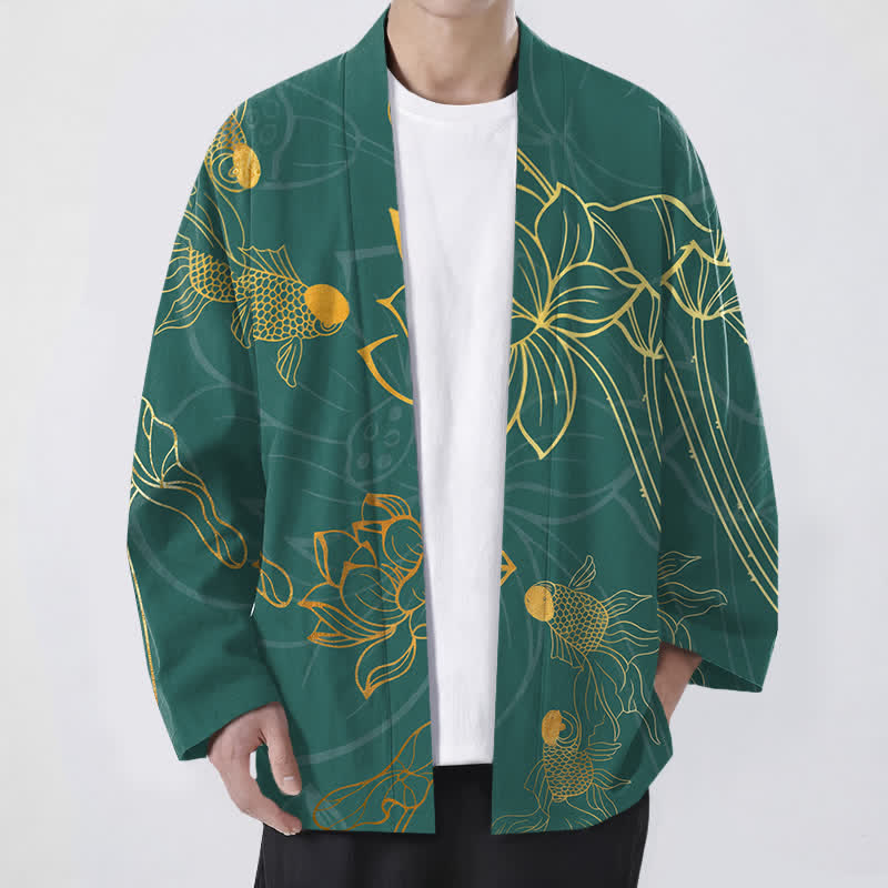 Buddha Stones Cotton Koi Lotus Pattern Open Front Men's Kimono - MediumSeaGreen - US/UK/AU48,EU58 (4XL) - image 0