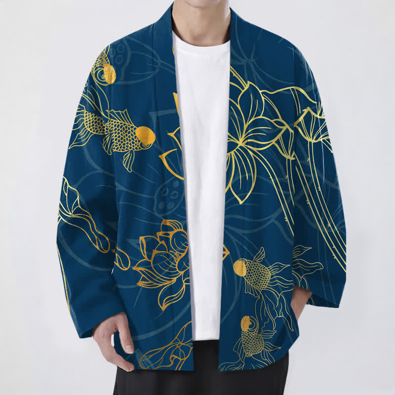 Buddha Stones Cotton Koi Lotus Pattern Open Front Men's Kimono - Navy - US/UK/AU48,EU58 (4XL) - image 6